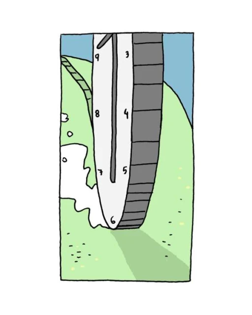 Stylized whimsical cartoon illustration of a ladder numbered 3 through 9, positioned on a grassy hill against a blue sky backdrop.