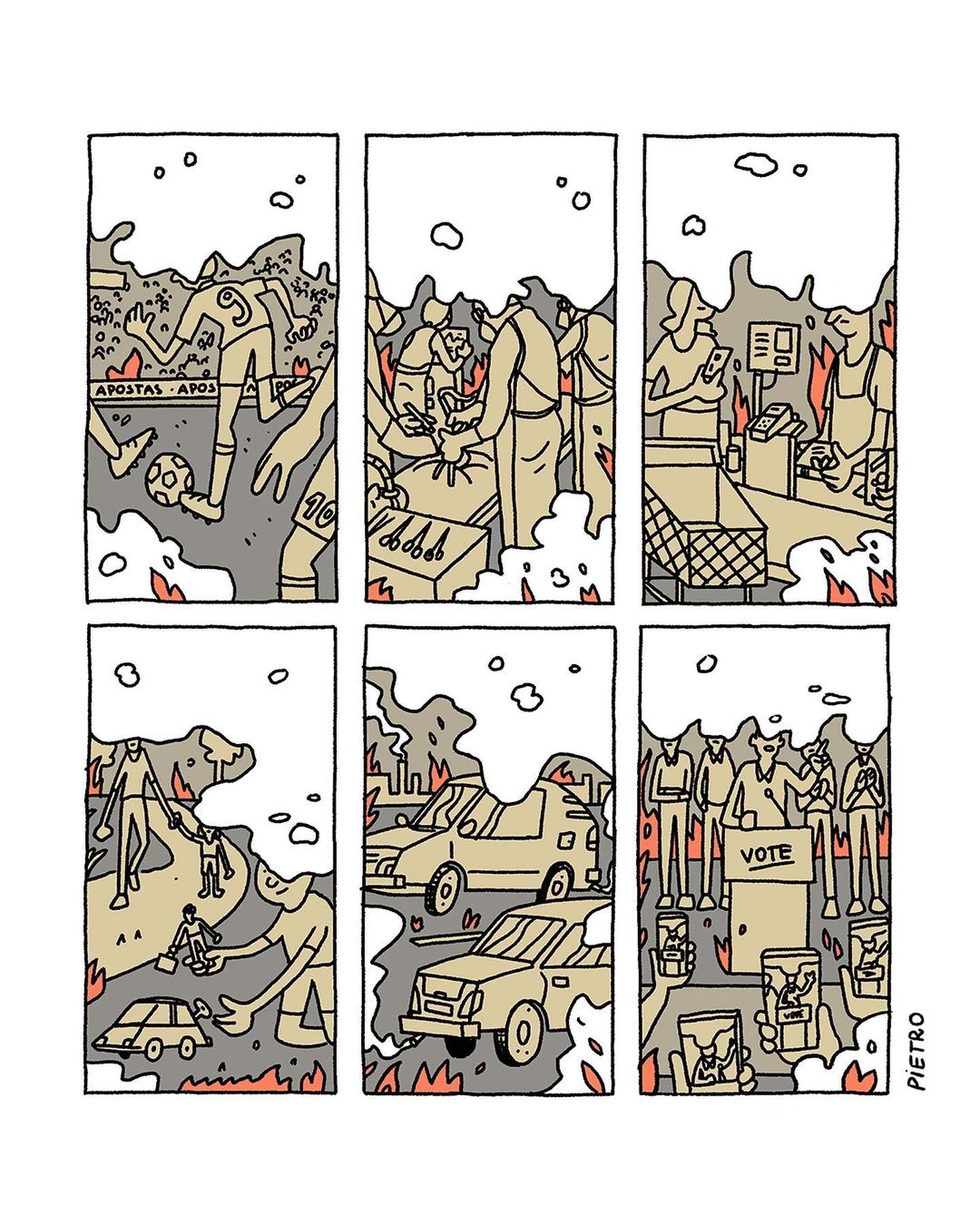 Illustration in comic book style showing contemporary societal issues such as sports betting, inflation, and voting.