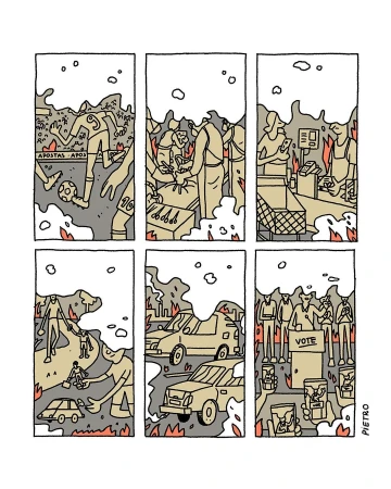 Illustration in comic book style showing contemporary societal issues such as sports betting, inflation, and voting.