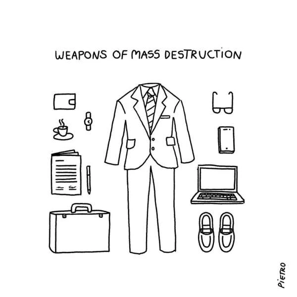 Illustration of a business suit, laptop, smartphone, and accessories, arranged on a plain background, symbolizing 'weapons of mass destruction'.