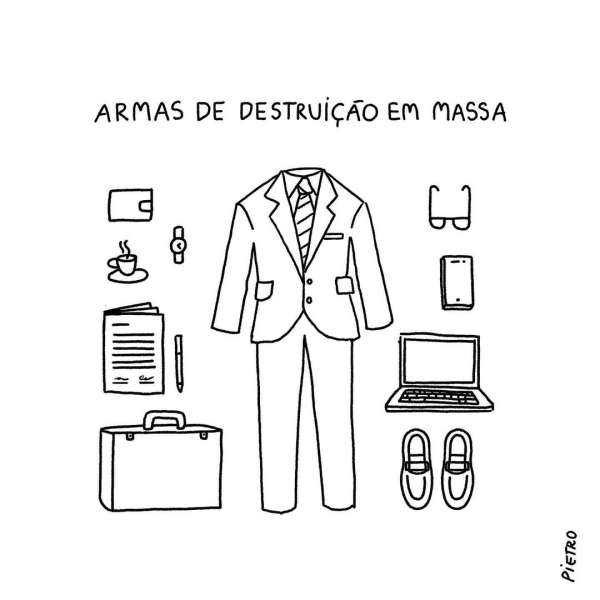 Illustration of business attire with a suit, tie, wallet, eyeglasses, laptop, and other office-related objects against a white background.