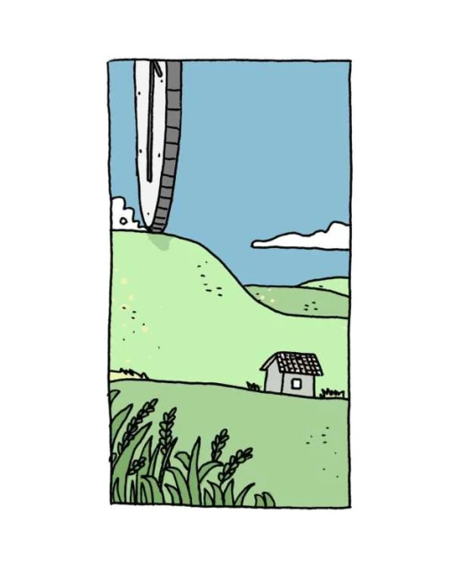 Illustrated landscape with green hills, blue sky, a small white house, tall grass, and a partial view of a white gondola.
