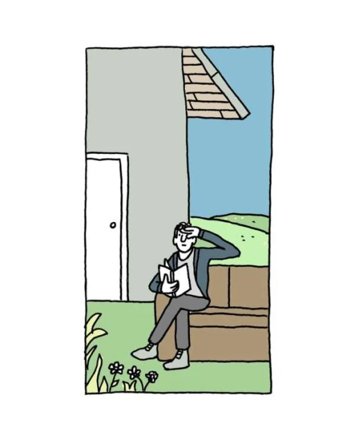 Illustration of a man sitting on a bench holding a book, looking at a view of green fields and a house on a sunny day.