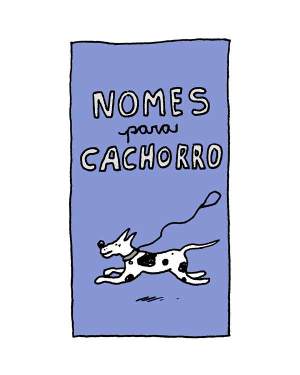 Illustration of a black and white spotted dog running on a blue background with the text 'Nomes Para Cachorro' above it.
