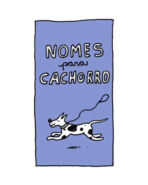 Illustration of a black and white spotted dog running on a blue background with the text 'Nomes Para Cachorro' above it.