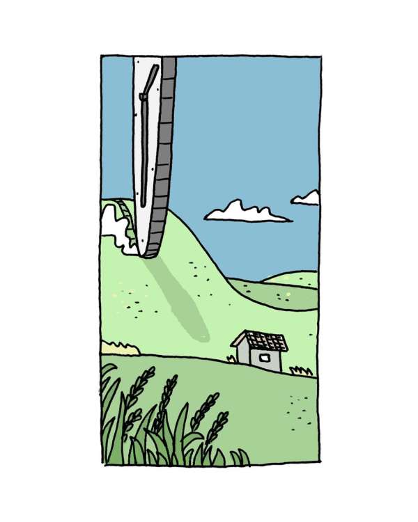Illustration of a wind turbine against a serene landscape with green hills, a small house, and a blue sky, rendered in a simple, cartoon style.