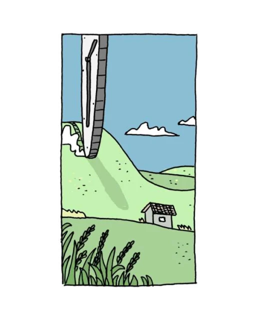 Illustration of a wind turbine against a serene landscape with green hills, a small house, and a blue sky, rendered in a simple, cartoon style.