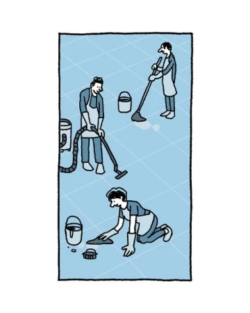 Illustration of three male figures cleaning a light blue tiled floor with cleaning supplies, including mop, sponge, bucket, and vacuum.