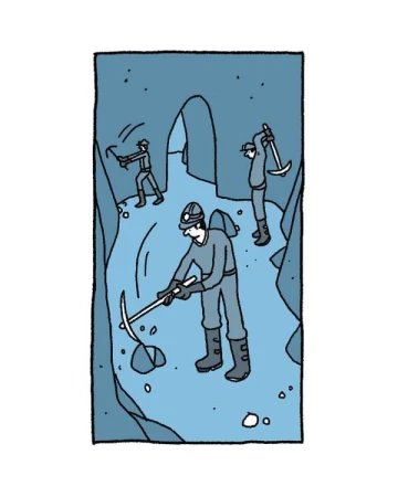 Illustration of three miners working with pickaxes in a blue-toned underground mine, wearing helmets and grey uniforms in a hand-drawn style.