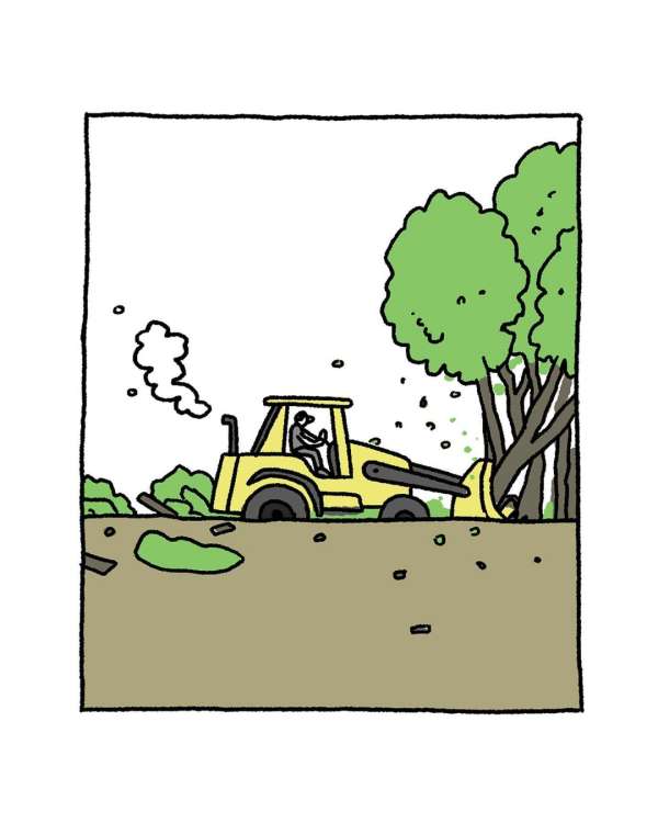 Illustration of a yellow tractor pulling down trees in a deforested area, with smoke billowing from the vehicle's exhaust.