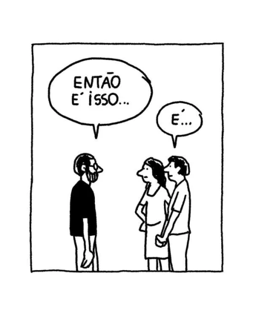 Cartoon illustration of three adults in conversation: one man facing two adults, one female and one gender ambiguous person.