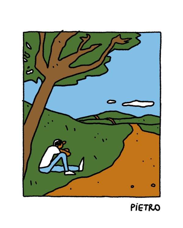 Illustration of person seated under tree on hillside, resting and looking out at the landscape under a bright blue sky.