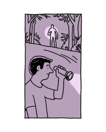 Illustration of a man holding a flashlight, shining it at a figure standing on a hill in a forest. Purplish color scheme.