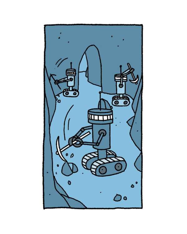 Illustration of three robots mining inside of a cave, utilizing pickaxes and moving around on treads in a blue colour scheme.