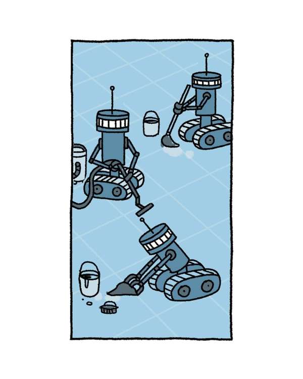 Illustration of three robot janitors cleaning a blue tiled floor with buckets and brooms; cartoon art with blue and black lines.