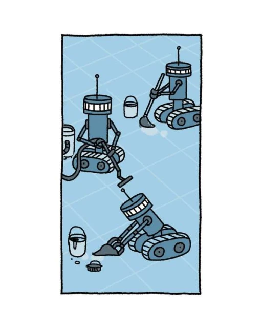 Illustration of three robot janitors cleaning a blue tiled floor with buckets and brooms; cartoon art with blue and black lines.