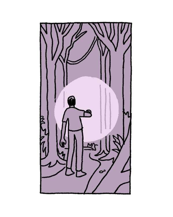 Illustration of a person from behind in a forest, looking at a glowing circle of light between the trees.  Trees and light purple hues.