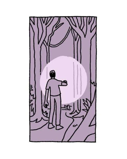Illustration of a person from behind in a forest, looking at a glowing circle of light between the trees.  Trees and light purple hues.
