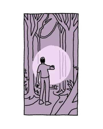 Illustration of a person from behind in a forest, looking at a glowing circle of light between the trees.  Trees and light purple hues.