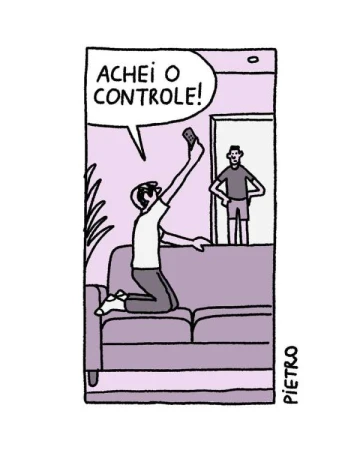 Cartoon drawing of a man on his knees celebrating finding the TV remote control, as another man watches from a doorway.