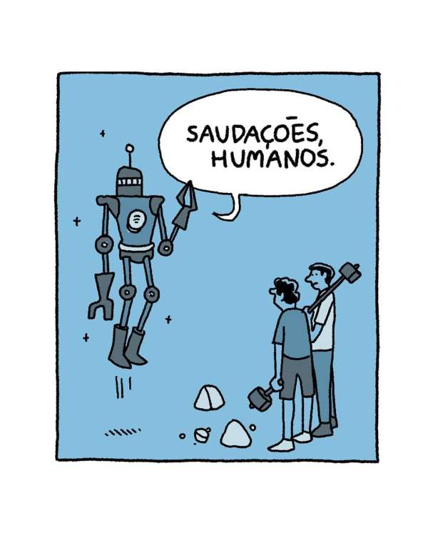 Illustration of a grey robot floating with a greeting bubble above, standing before two people holding hammers, against a blue background.