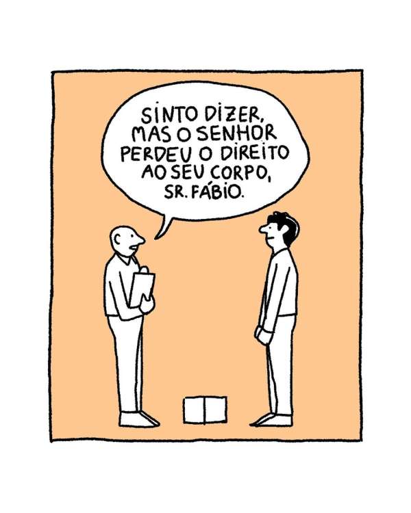 Illustration of two cartoon men in conversation within a peach-colored frame and a speech bubble containing text. One man holds a clipboard.