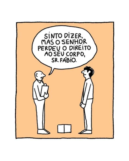 Illustration of two cartoon men in conversation within a peach-colored frame and a speech bubble containing text. One man holds a clipboard.