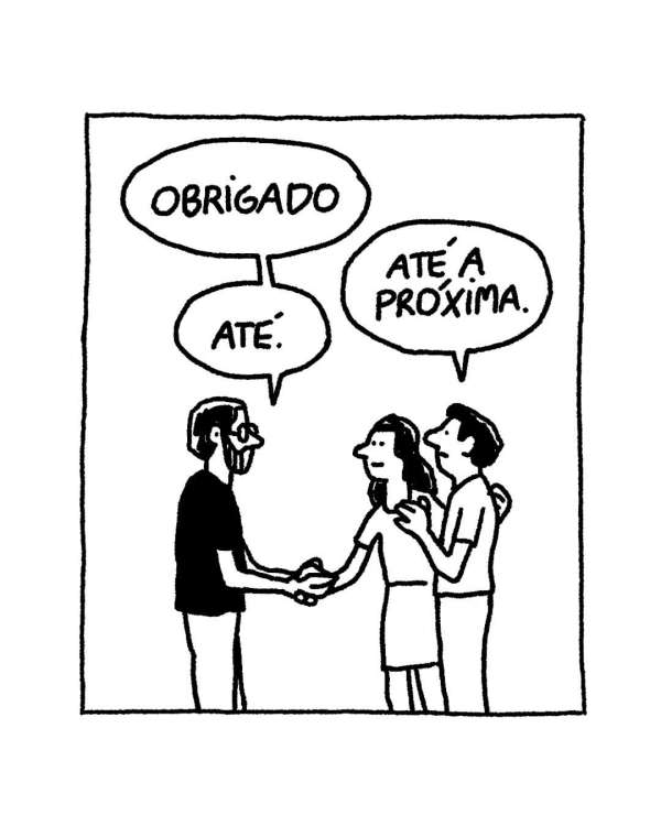 Illustration of three people, two women and a man, in a cartoon style, with speech bubbles showing a conversation in Portuguese.
