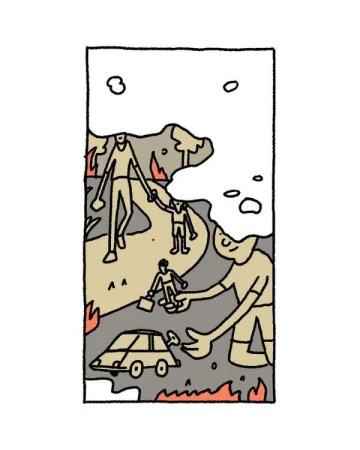 Illustration of a family escaping from a wildfire with their car, symbolizing resilience and the impact of environmental disasters.