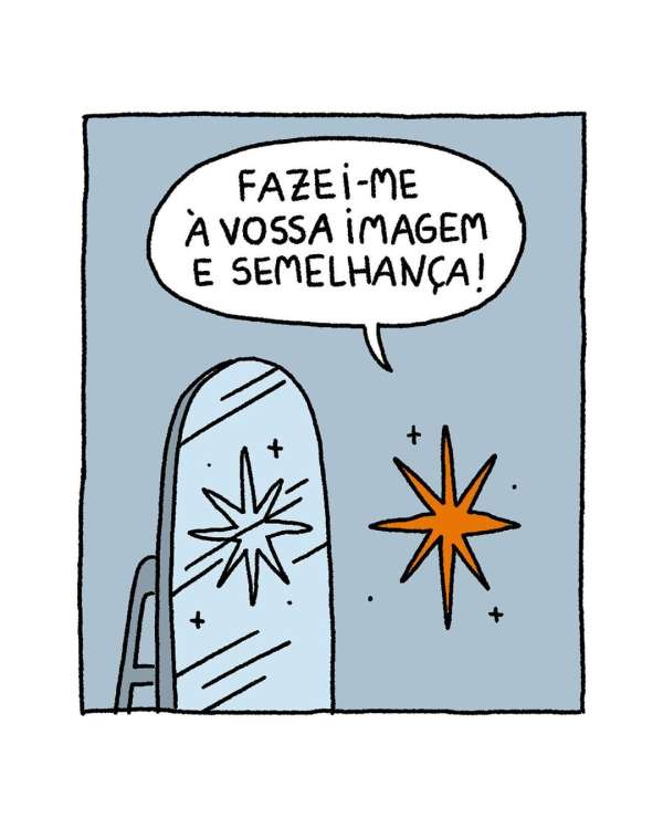 Stylized illustration of a cracked mirror reflecting a star, with a speech bubble containing Portuguese text on a blue background.