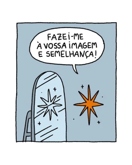 Stylized illustration of a cracked mirror reflecting a star, with a speech bubble containing Portuguese text on a blue background.