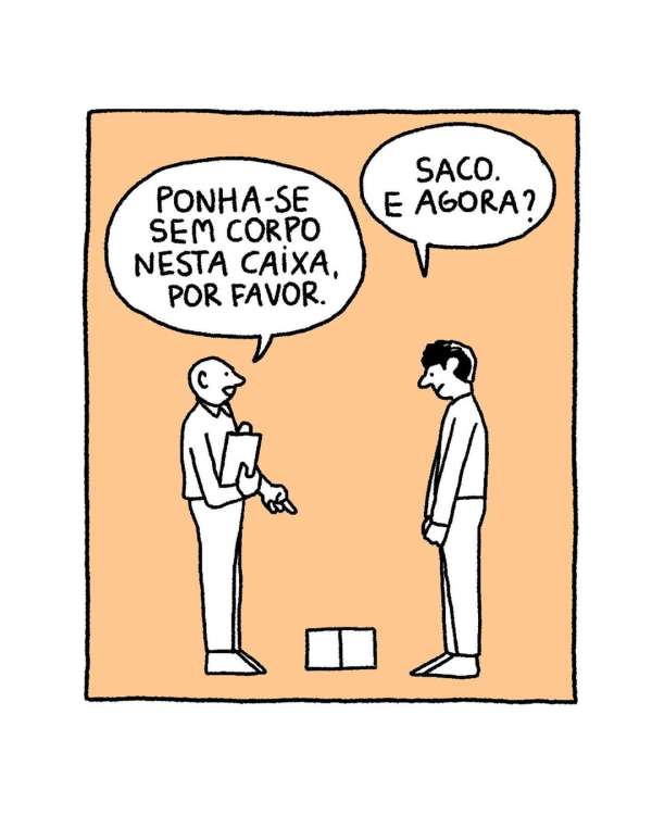 Cartoon illustration of two adult men in a peach-colored frame with speech bubbles and a box on the ground.