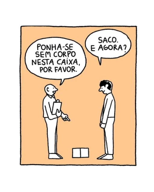 Cartoon illustration of two adult men in a peach-colored frame with speech bubbles and a box on the ground.