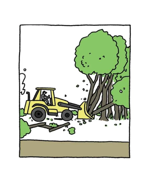 Illustration of a yellow bulldozer pushing over a tree in a forest clearing, with a single operator and cut logs nearby.