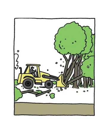 Illustration of a yellow bulldozer pushing over a tree in a forest clearing, with a single operator and cut logs nearby.