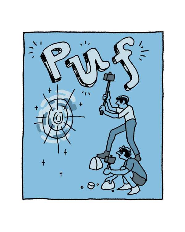 Illustration of two adult males using hammers to break stones under the stylized text 'Puff' on a light blue background.