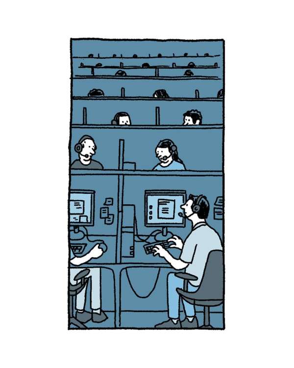 Illustration of call center office workers at computers with headsets, and other workers above them in the background.