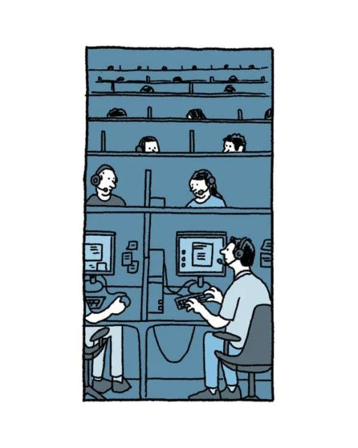 Illustration of call center office workers at computers with headsets, and other workers above them in the background.