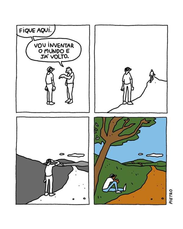 Illustration shows a four-panel comic strip: in the last panel a person is sitting under a tree in a colorful nature scene.