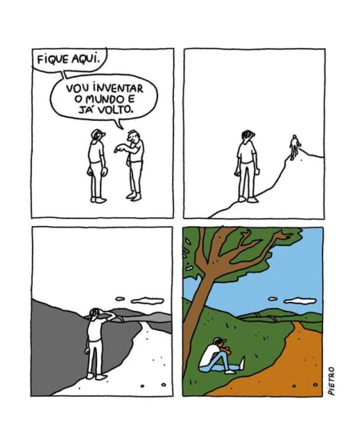 Illustration shows a four-panel comic strip: in the last panel a person is sitting under a tree in a colorful nature scene.