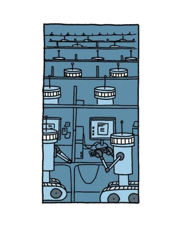 Illustration of two robots at desks working on computers in a blue-toned, futuristic office environment with shelving and lighting.