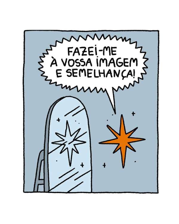 Cartoon illustration of a mirror reflecting a star with a speech bubble containing Portuguese text on a blue and white background.