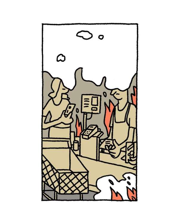 Stylized illustration of two people at a checkout counter amidst flames, set in a monochrome color scheme with an orange accent.