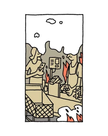 Stylized illustration of two people at a checkout counter amidst flames, set in a monochrome color scheme with an orange accent.