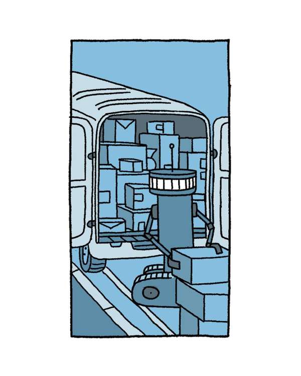 Illustration of a robot unloading a delivery van filled with cardboard boxes in an outdoor setting with a blue color palette.