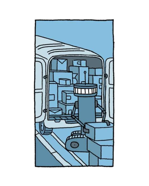 Illustration of a robot unloading a delivery van filled with cardboard boxes in an outdoor setting with a blue color palette.