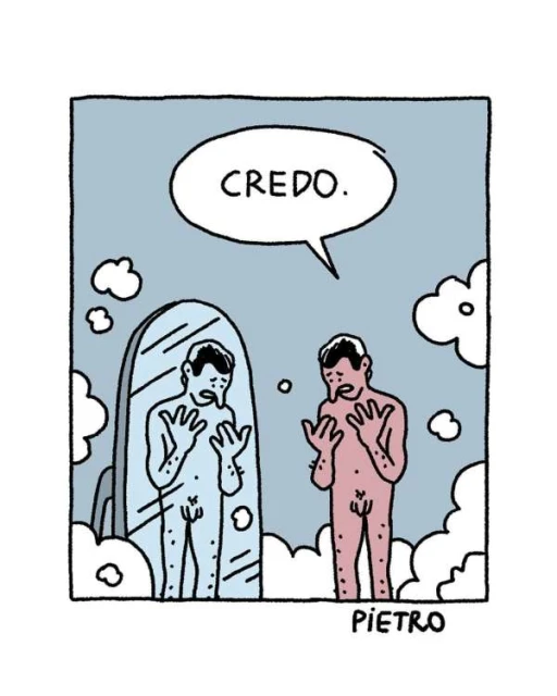 Cartoon illustration of a nude man looking in a mirror, with the text 'CREDO.' above, in a blue and white indoor scene.