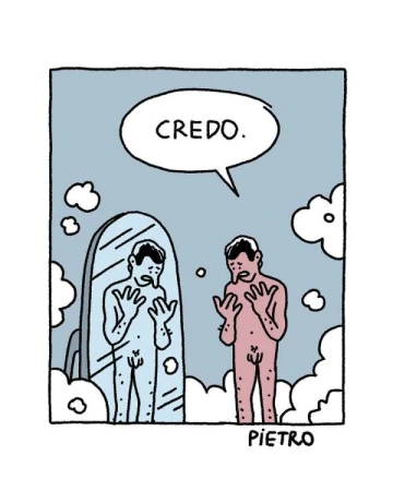 Cartoon illustration of a nude man looking in a mirror, with the text 'CREDO.' above, in a blue and white indoor scene.