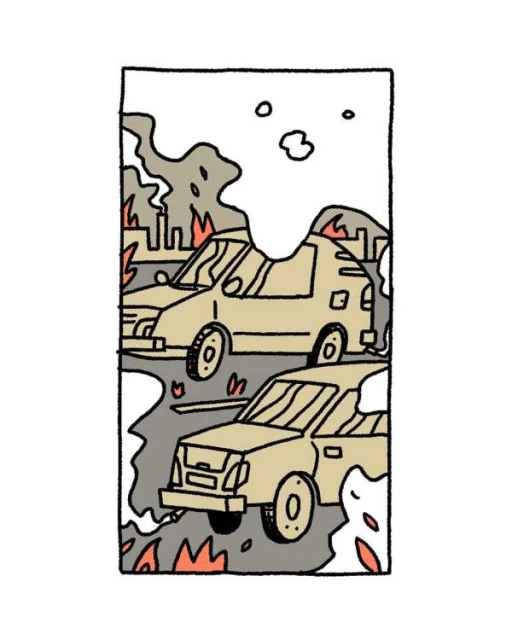 Illustration of multiple beige cars on a road in a city with smoking buildings in the background, in a cartoon style.