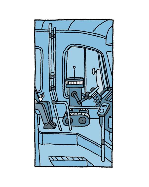 Cartoon illustration of a blue robot driving a bus with a seated passenger, rendered with a sketchy line and monotone blue color palette.